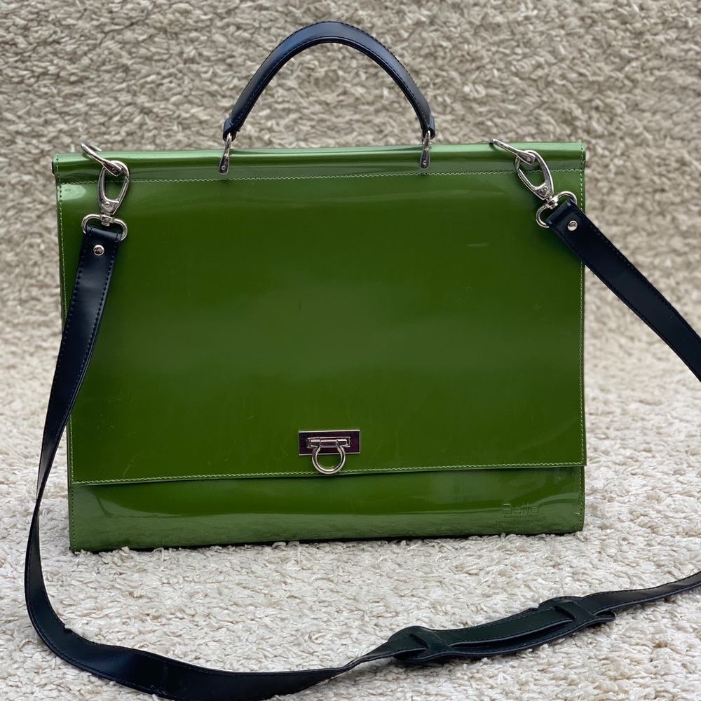 Beijo Business Class Green Patent Leather Portfolio Briefcase Flap Clasp Straps